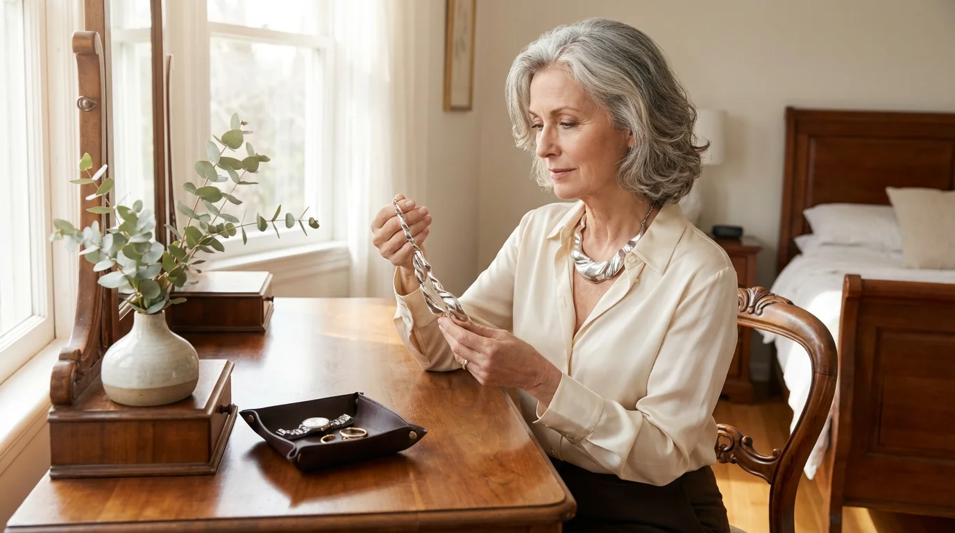 An elegant woman in her sixties selecting a statement silver necklace at her sunlit vanity.