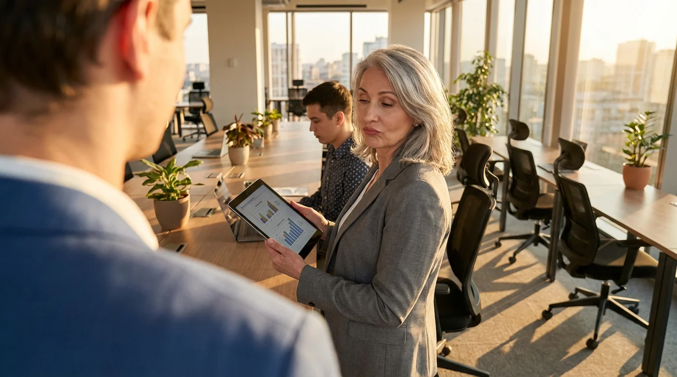 An experienced older woman being overlooked by younger colleagues in a sunlit modern office.