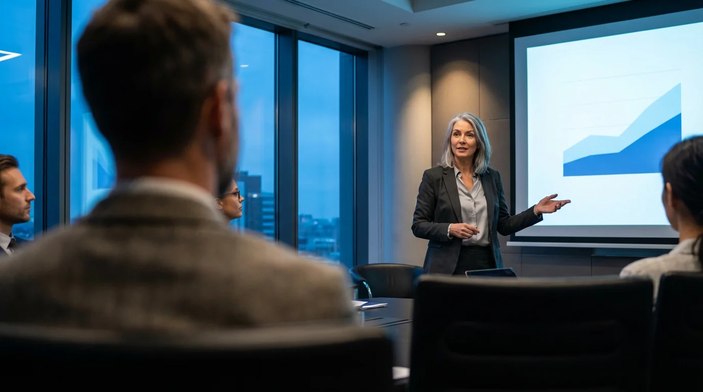 An experienced professional woman gives a presentation in a modern office during the evening.