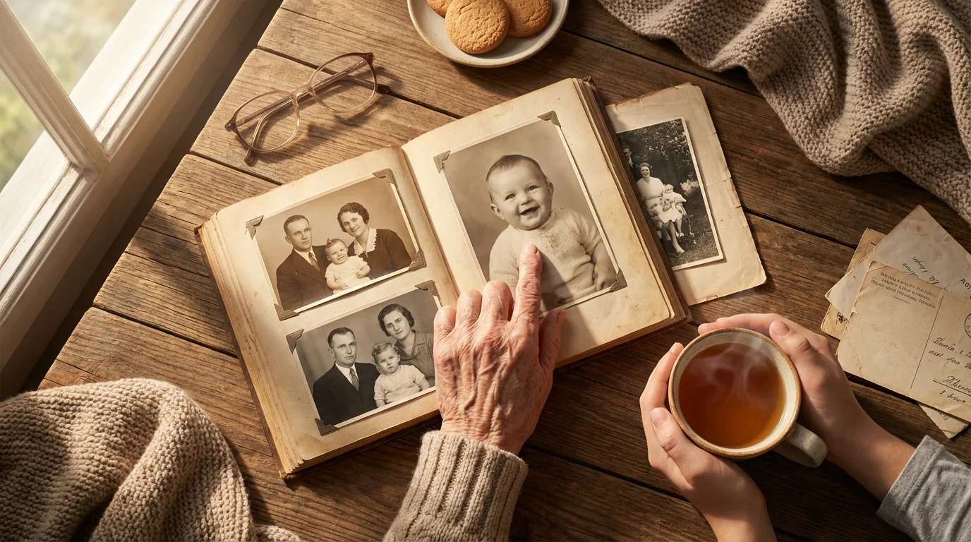 An older and younger person looking at a vintage photo album together.