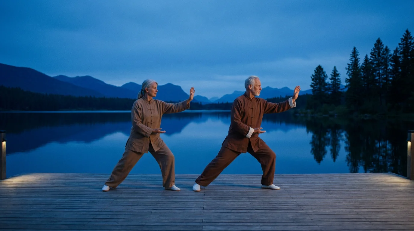 An older couple does tai chi on a serene lakeside deck at twilight.