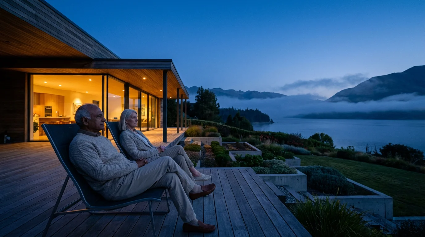 An older couple on a modern patio at dusk, looking out over a garden and lake.