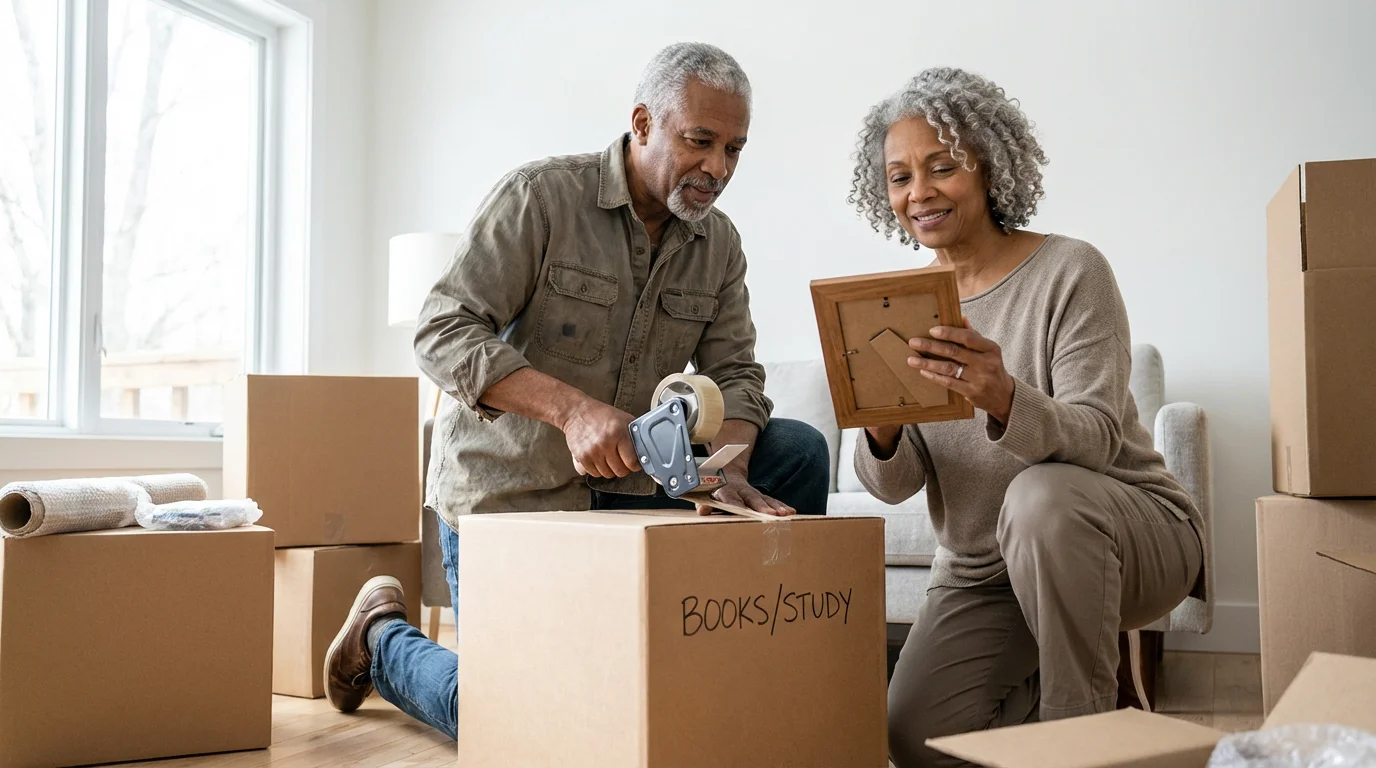 An older couple packing moving boxes in their bright, modern home for retirement relocation.