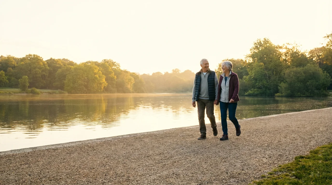 An older couple taking a revitalizing morning walk on a path beside a calm lake.