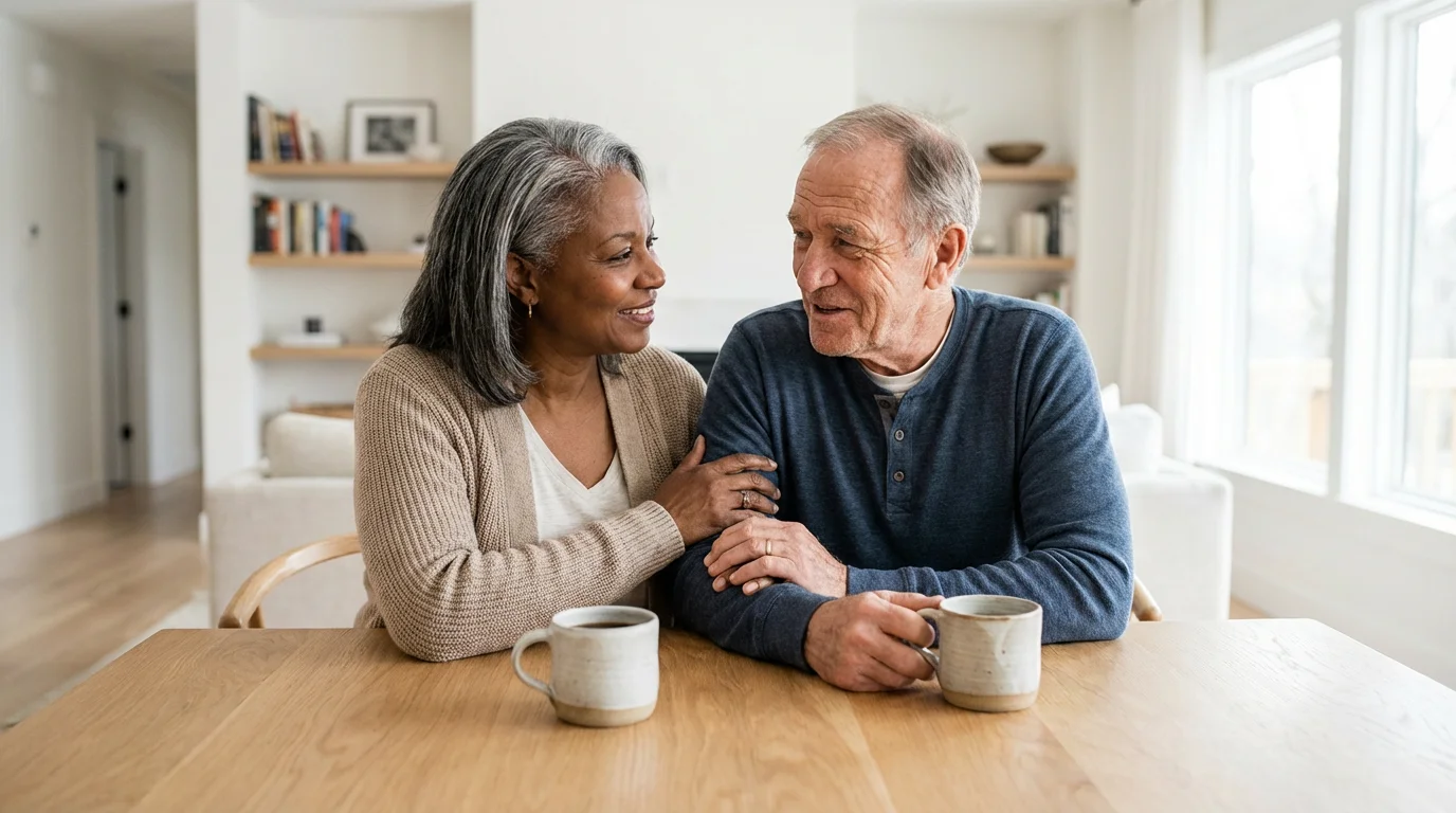 An older diverse couple shares an appreciative moment with coffee in a sunlit room.