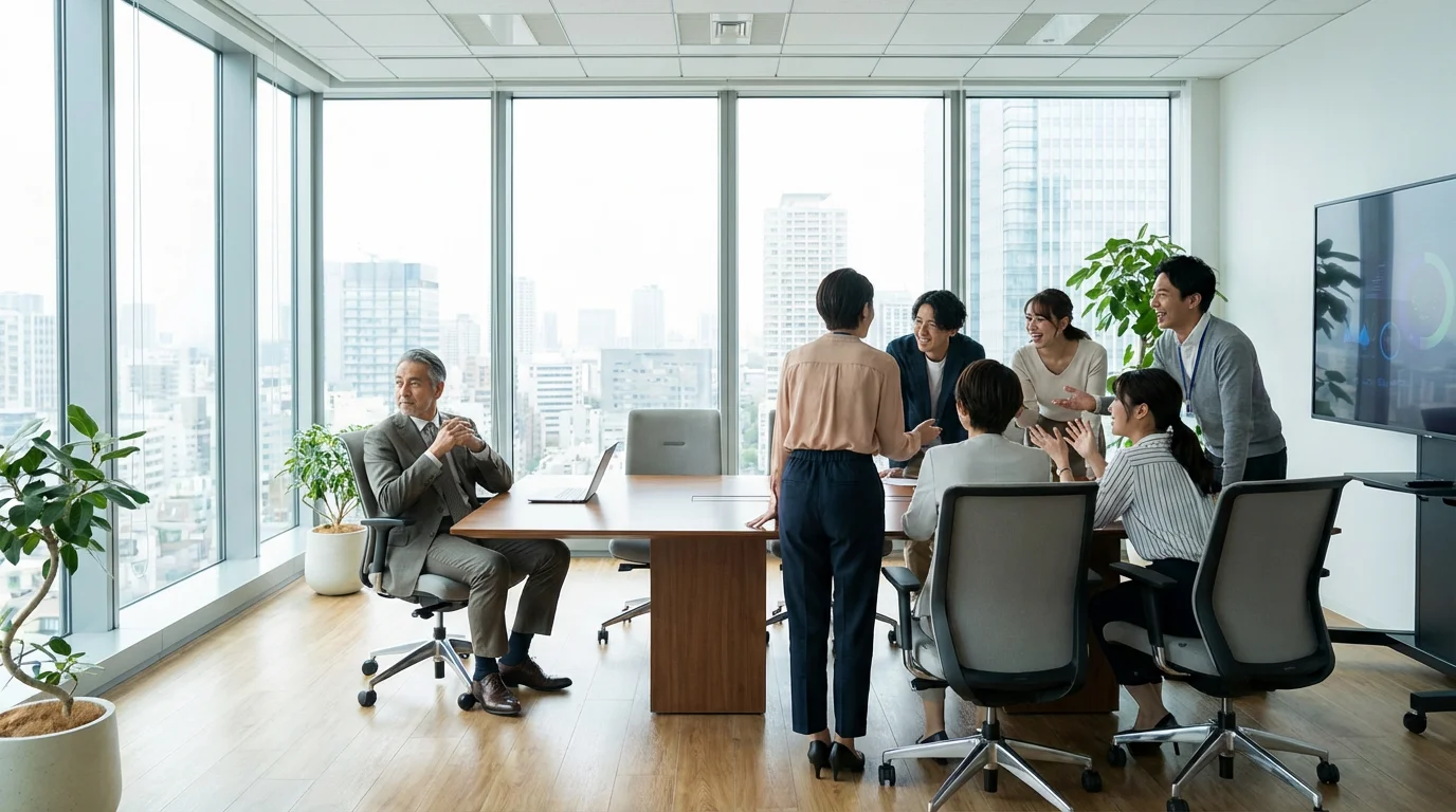 An older male professional sits alone at a conference table while younger colleagues collaborate without him.