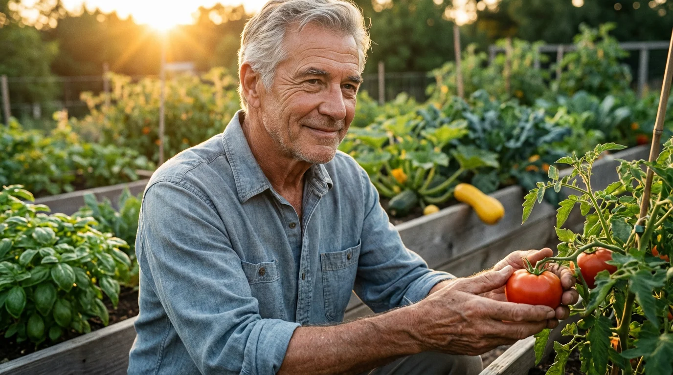 An older man contentedly tending to his vibrant vegetable garden during a warm sunset.