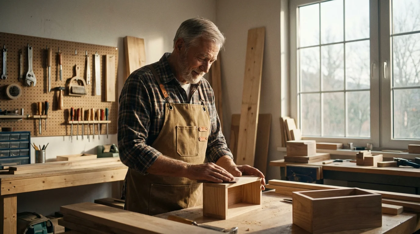 An older man focused on his woodworking hobby in a sunlit workshop.
