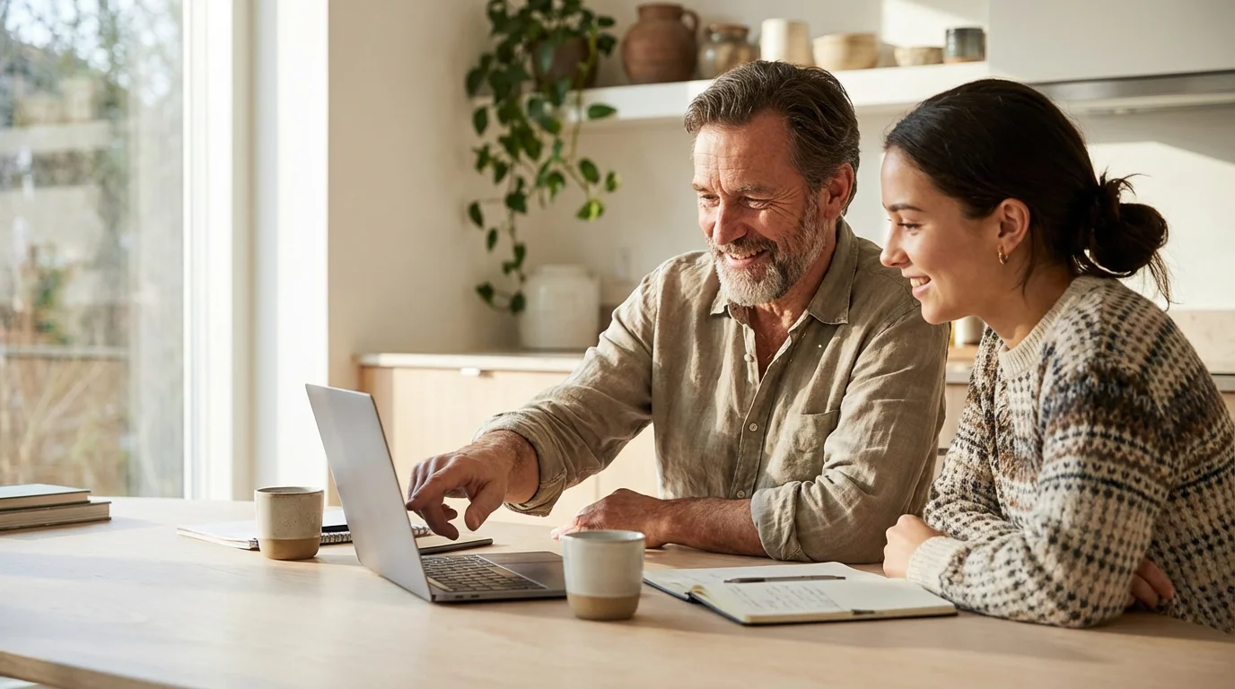An older man mentoring a young woman at a table with a laptop.