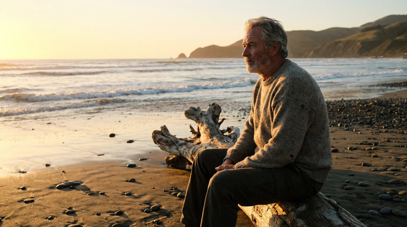 An older man sits on a beach at sunset, practicing mindfulness in the moment.