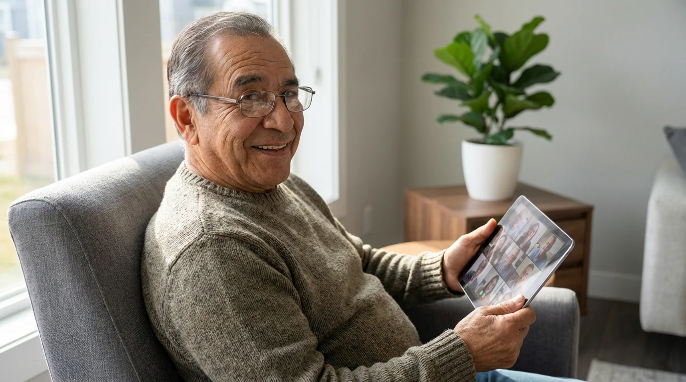 An older man smiles warmly while on a video call on a tablet at home.