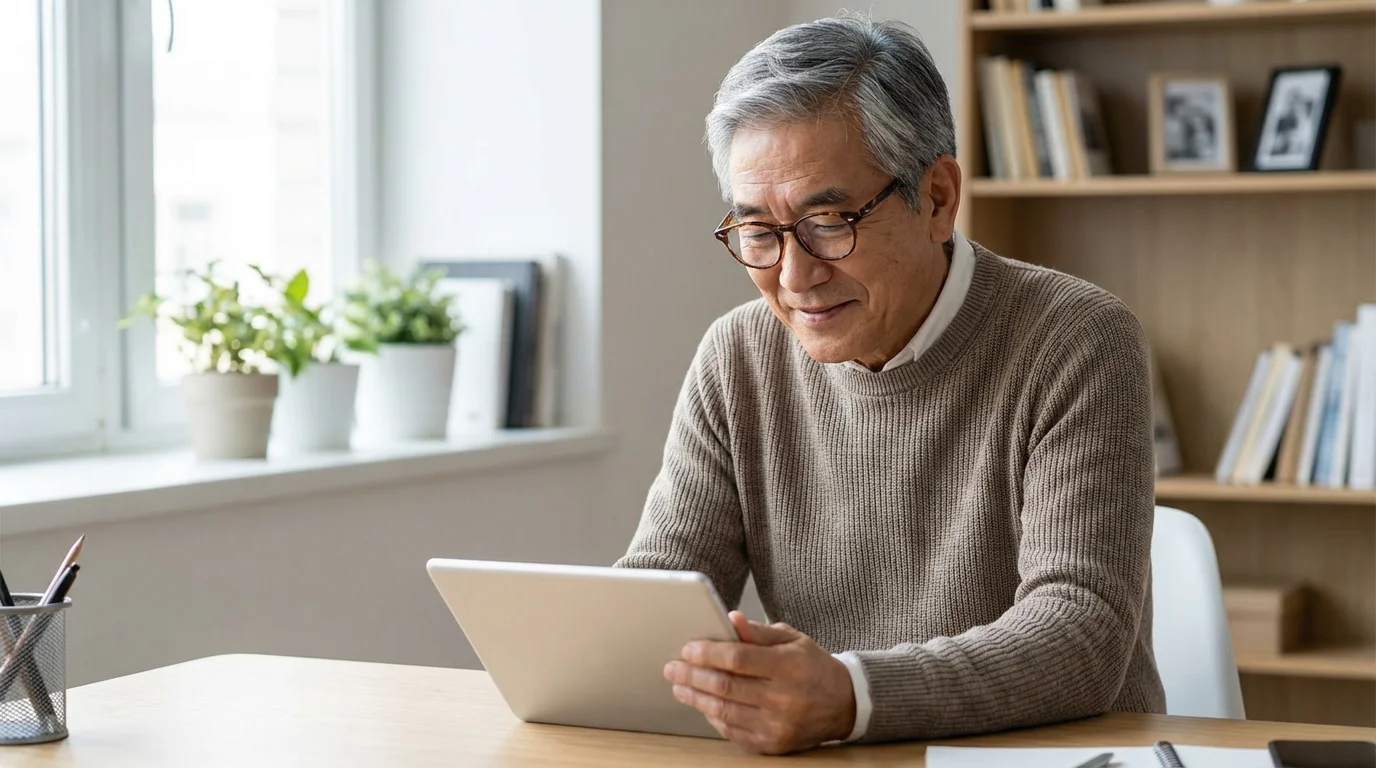 An older man with glasses sits at a desk, learning on a tablet.