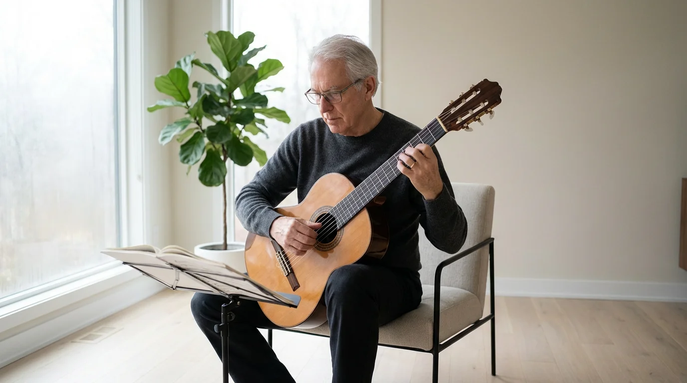 An older man with glasses sits focused, learning to play a classical acoustic guitar.