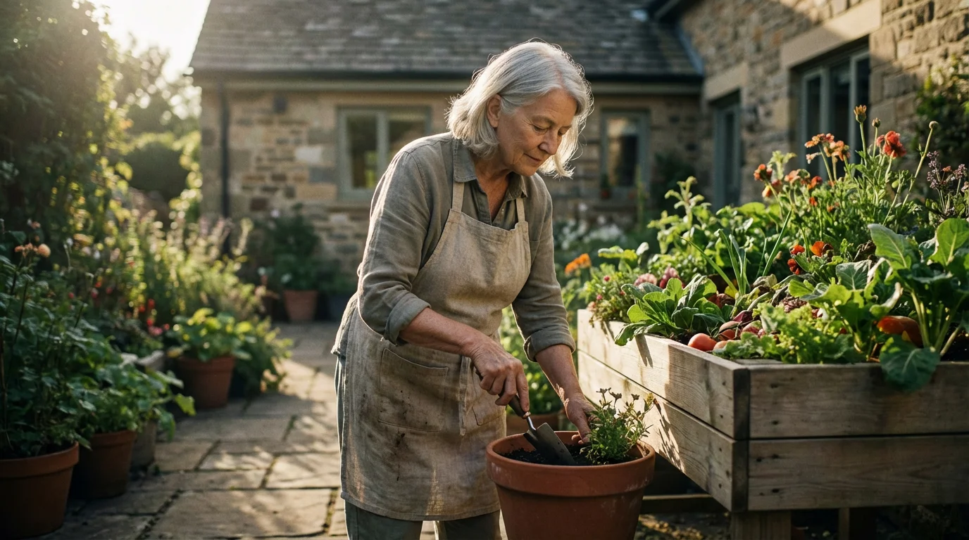 An older person peacefully tending to plants in a sunlit home garden during afternoon.
