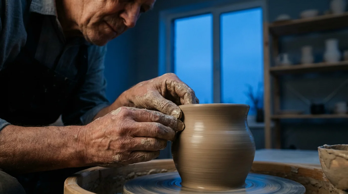 An older person's hands shaping a wet clay pot on a potter's wheel.