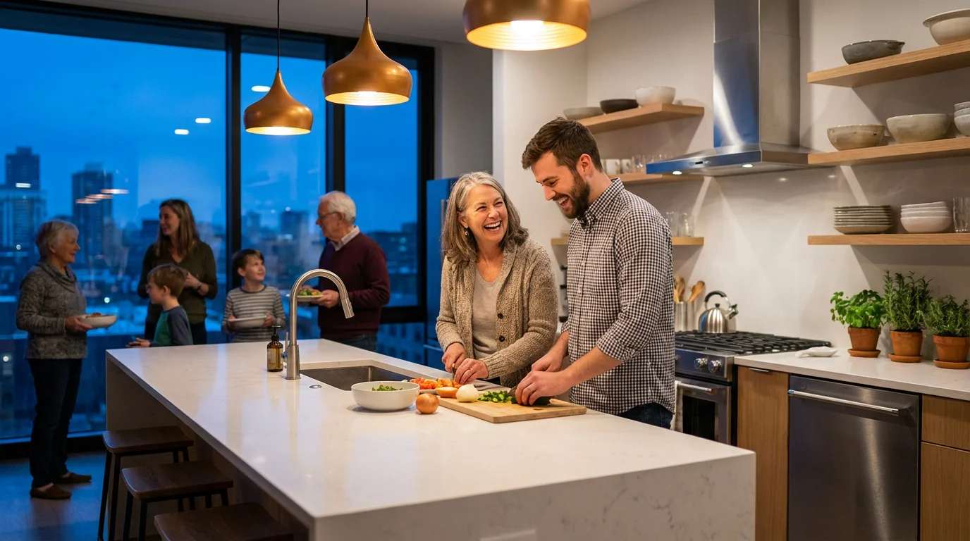 An older woman and young man laugh while cooking together in a modern communal kitchen.