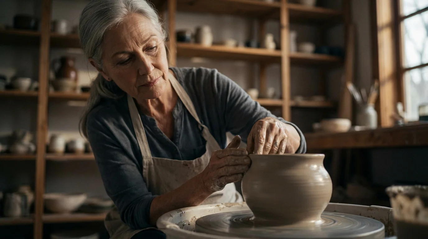 An older woman concentrates as she shapes clay on a potter's wheel in sunlight.