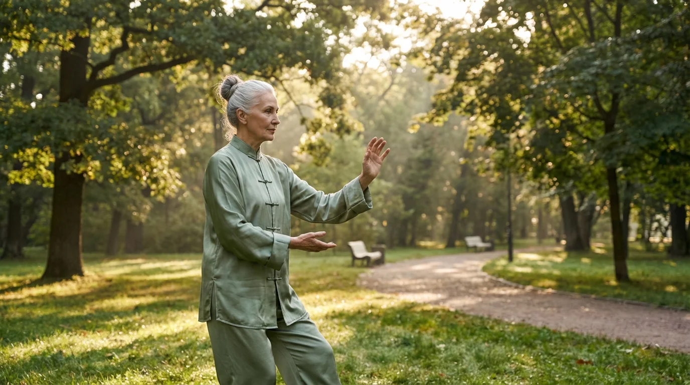 An older woman gracefully practices Tai Chi in a serene, sunlit park setting.