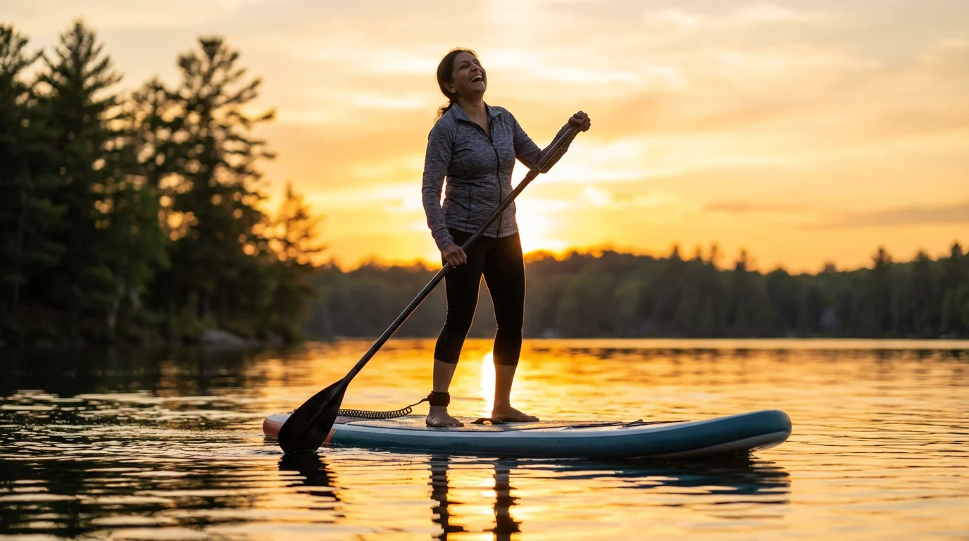An older woman joyfully balances on a stand-up paddleboard on a lake at sunset.
