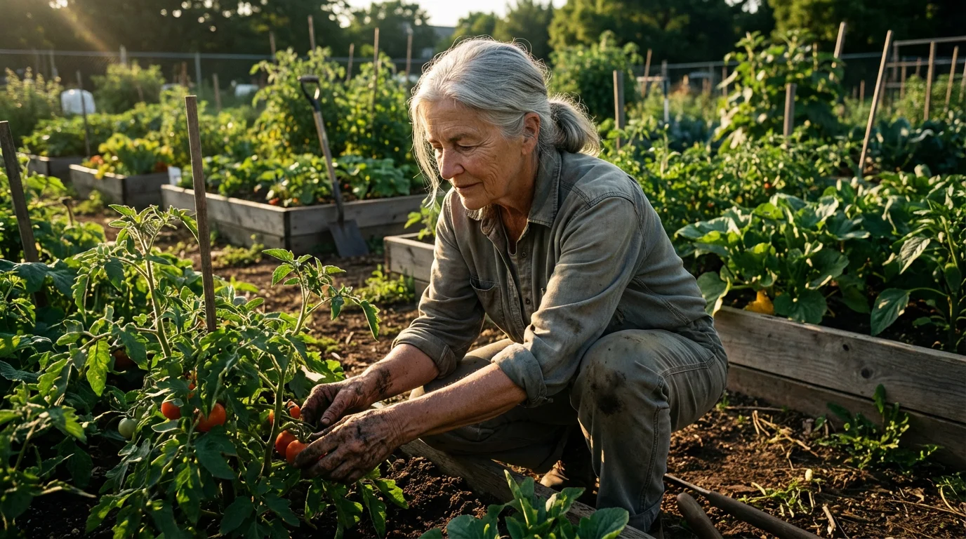 An older woman purposefully tending to plants in a community garden during a shadowy afternoon.