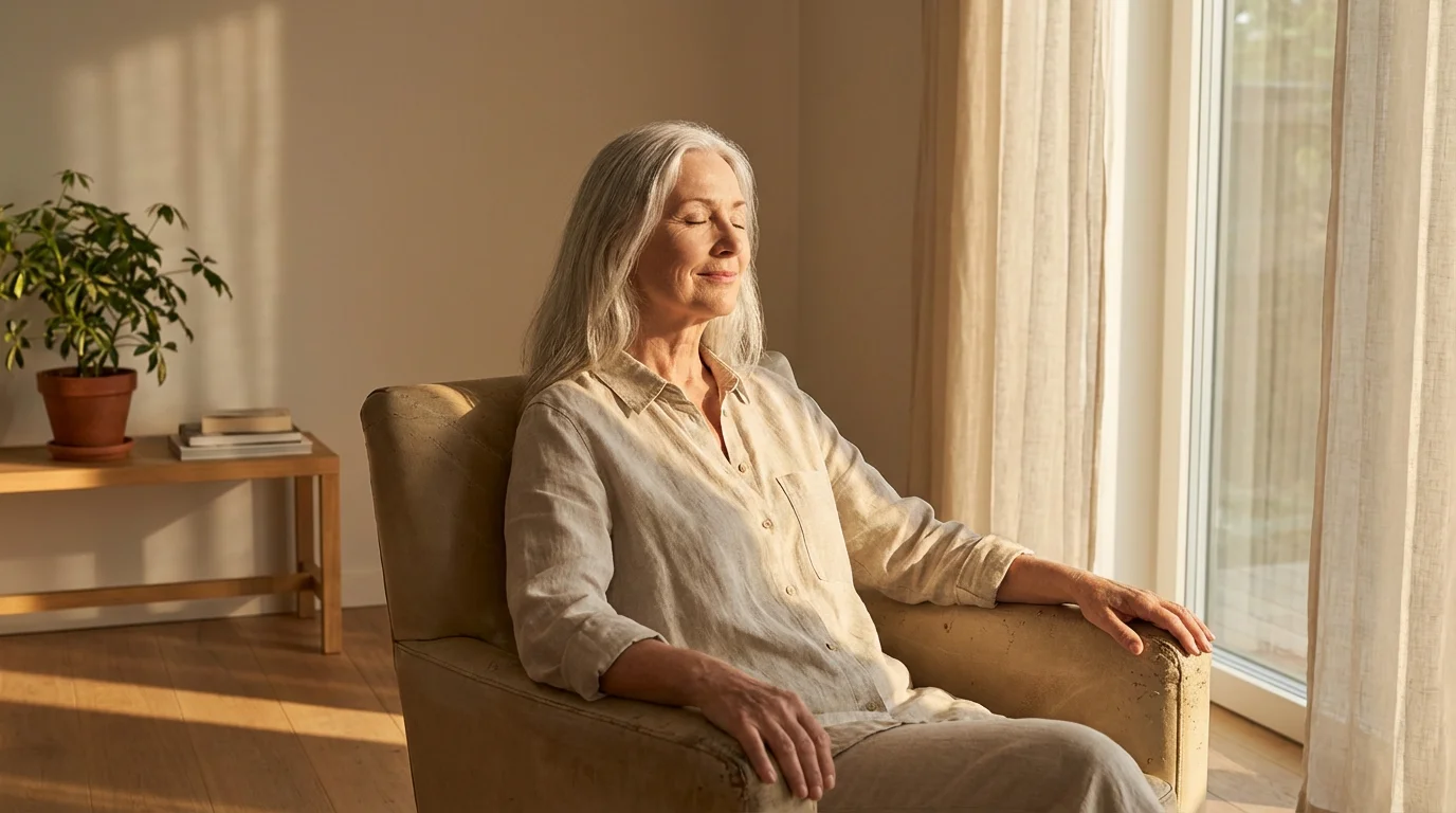 An older woman sits peacefully with her eyes closed in a sunlit chair.