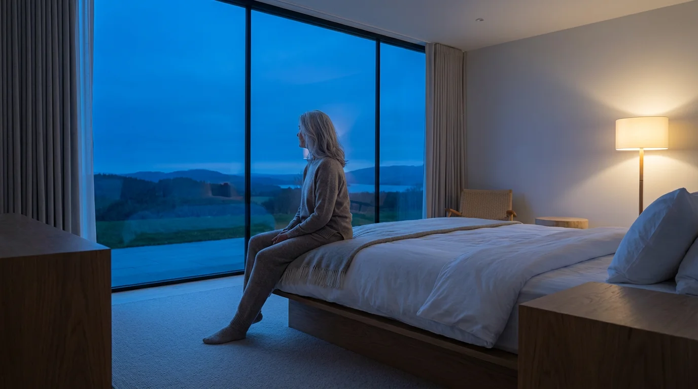 An older woman sitting peacefully on her bed, looking out a window at twilight.