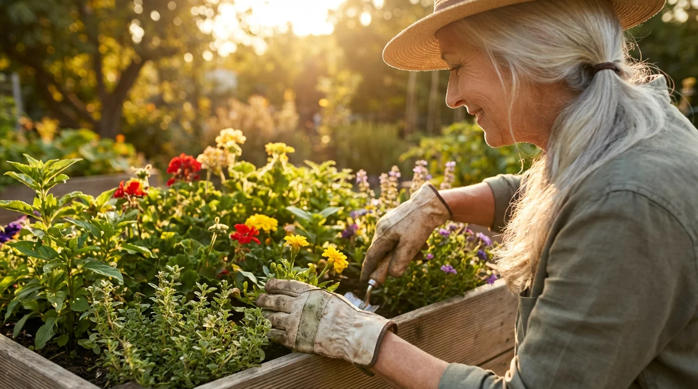 An older woman viewed from over her shoulder, gardening in a sunlit, vibrant backyard.