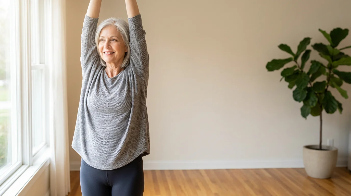 An older woman with silver hair doing a gentle standing stretch in a sunlit room.