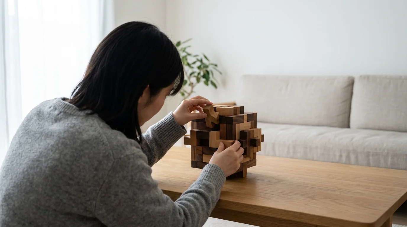 An over-the-shoulder view of a person's hands completing an intricate wooden brain-teaser puzzle.