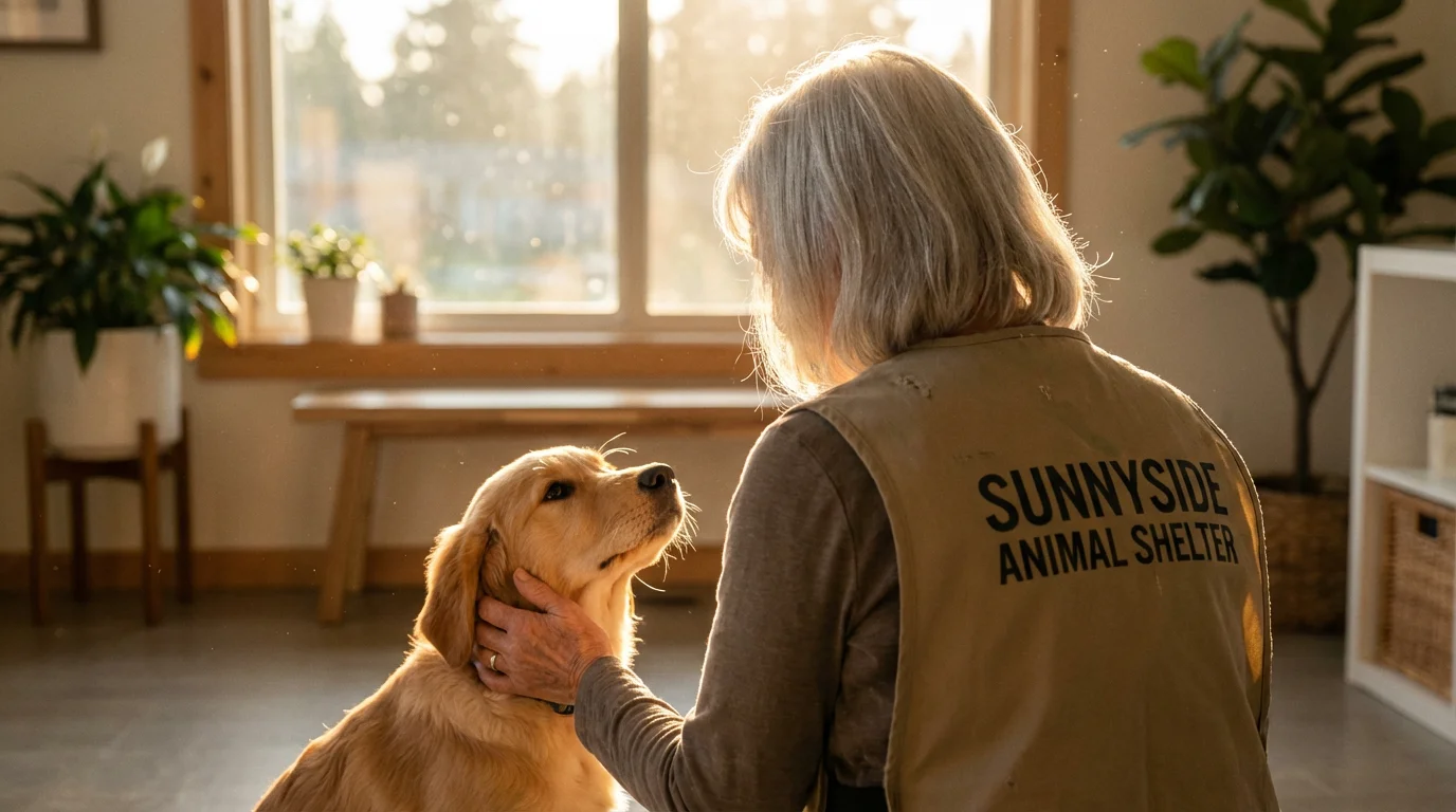 An over-the-shoulder view of a senior woman volunteer petting a golden retriever puppy.