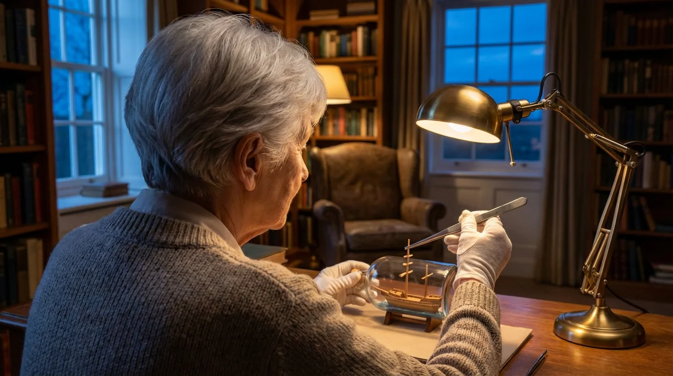 An over-the-shoulder view of a senior woman building a detailed ship in a bottle.