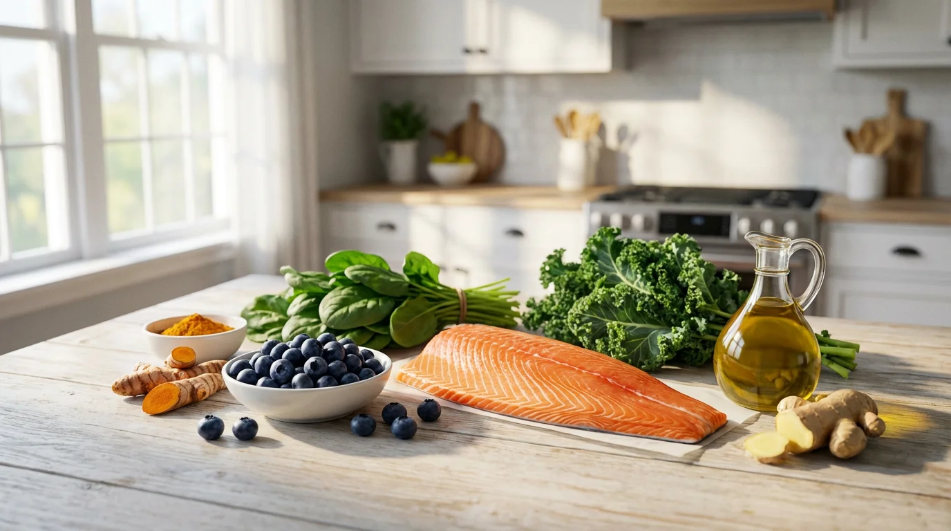 An overhead view of anti-inflammatory foods like salmon, berries, and greens on a wooden table.