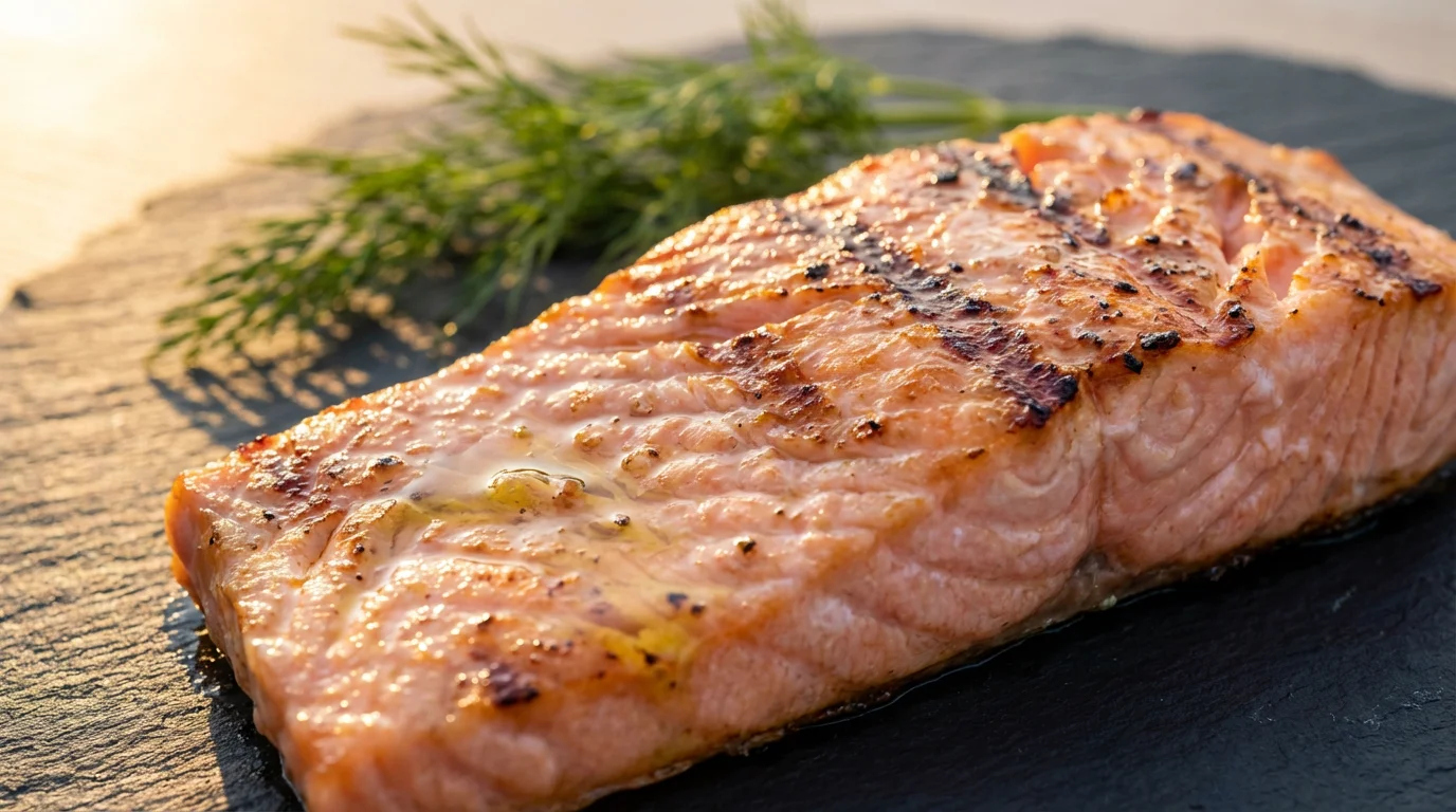 Close-up macro photo of a flaky, grilled salmon fillet glistening in warm light.