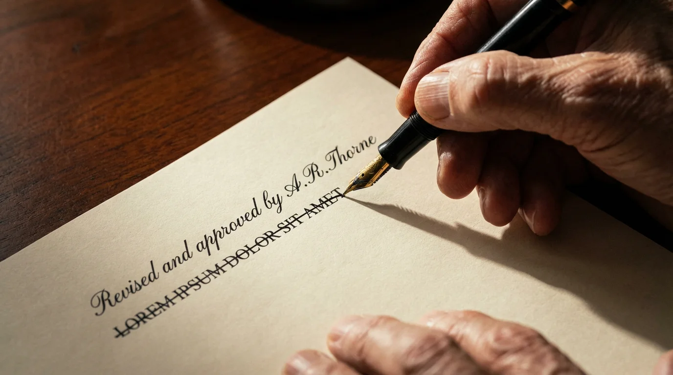 Close-up macro photo of a hand using a fountain pen to update a document.