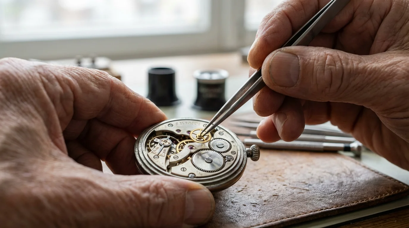 Close-up macro photo of a senior watchmaker's hands carefully assembling an intricate mechanical watch.