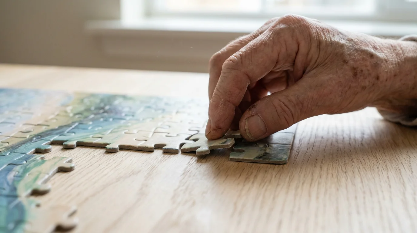 Close-up macro photo of a senior's finger connecting two jigsaw puzzle pieces together.
