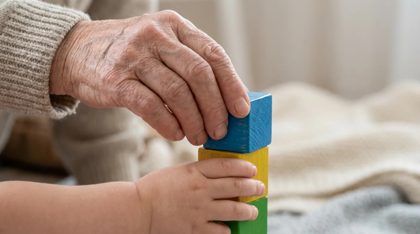 Close-up macro photo of a senior's hand and a child's hand building with blocks.