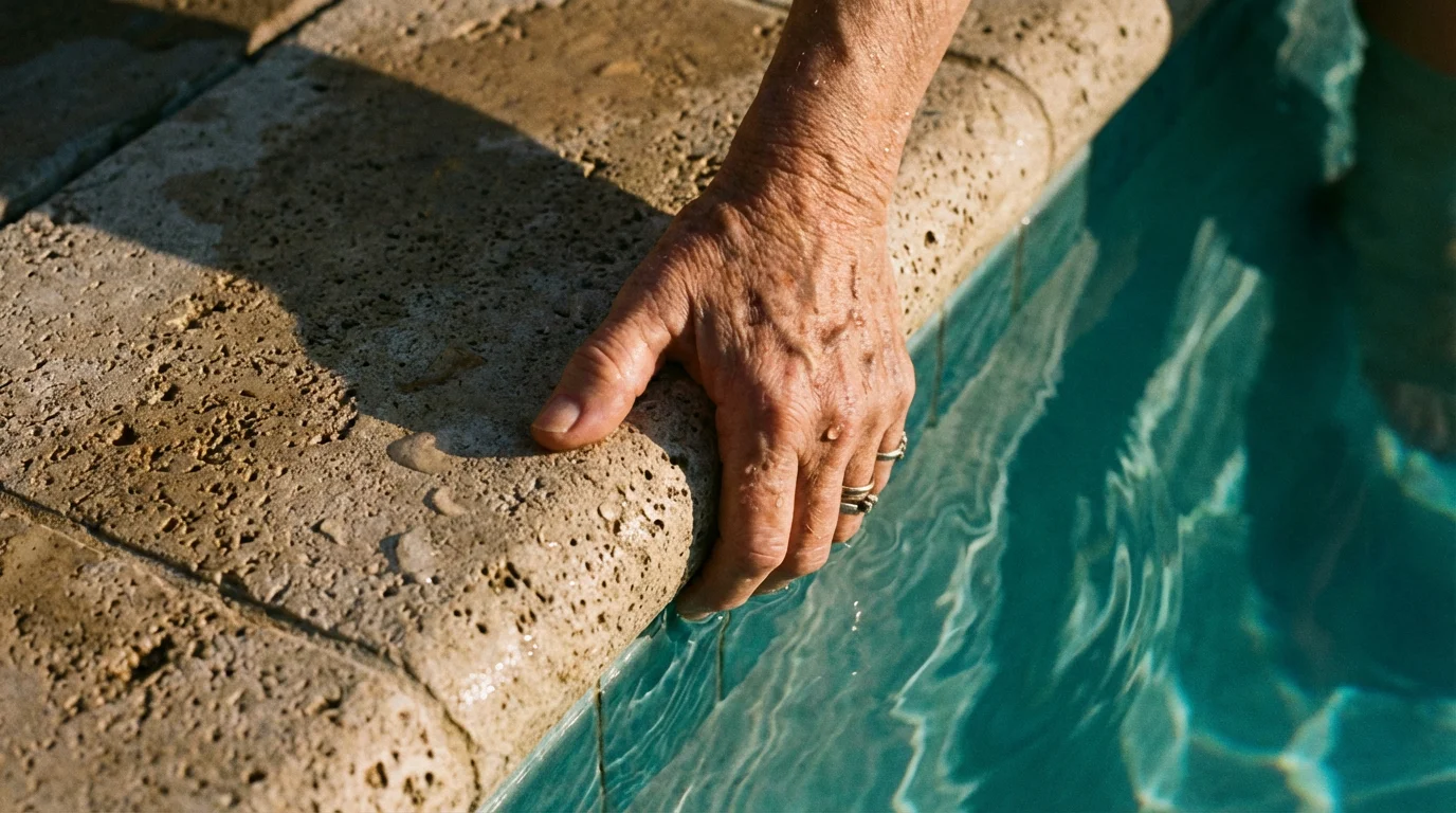 Close-up macro photo of a senior's hand gripping the edge of a swimming pool.