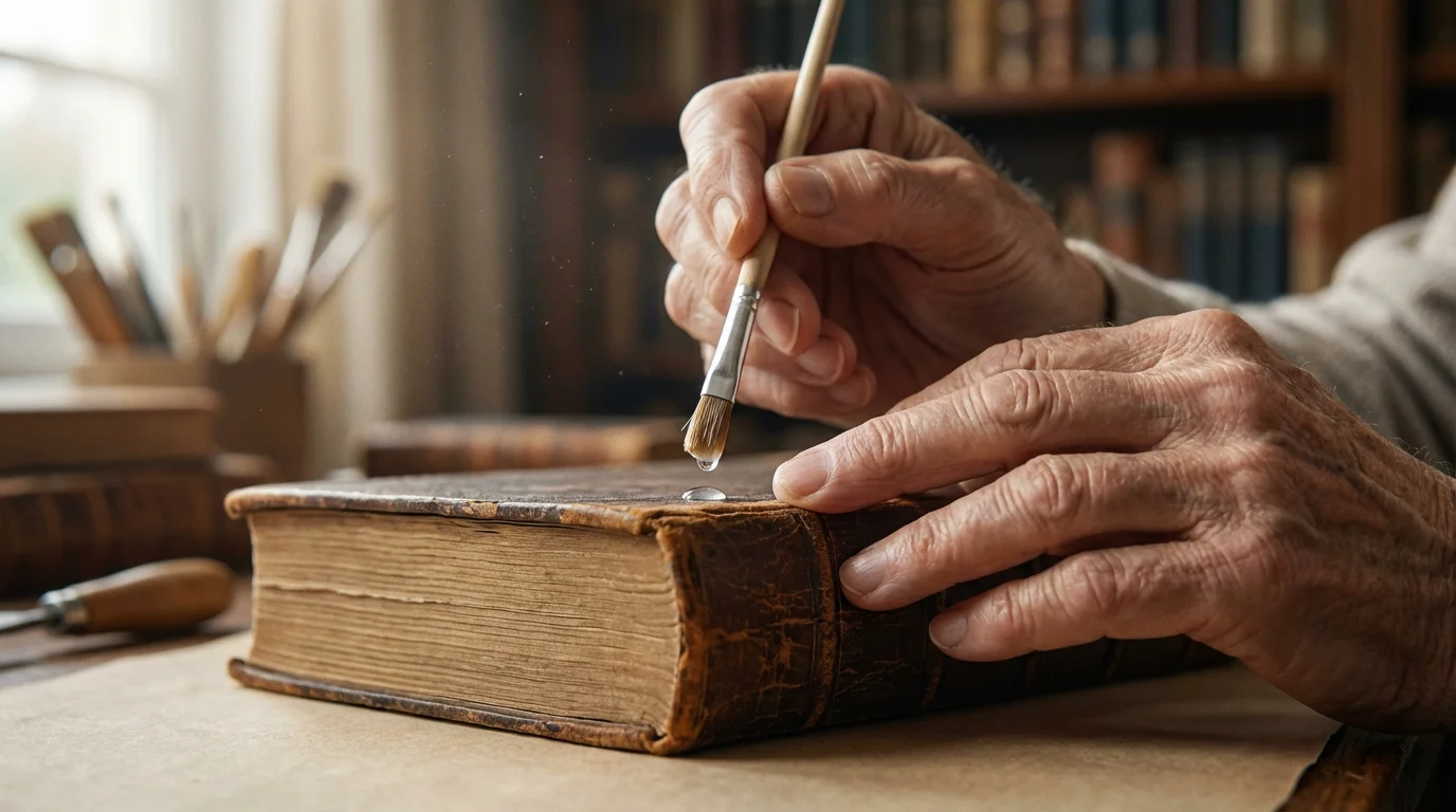 Close-up macro photo of a senior's hands carefully repairing an old book.