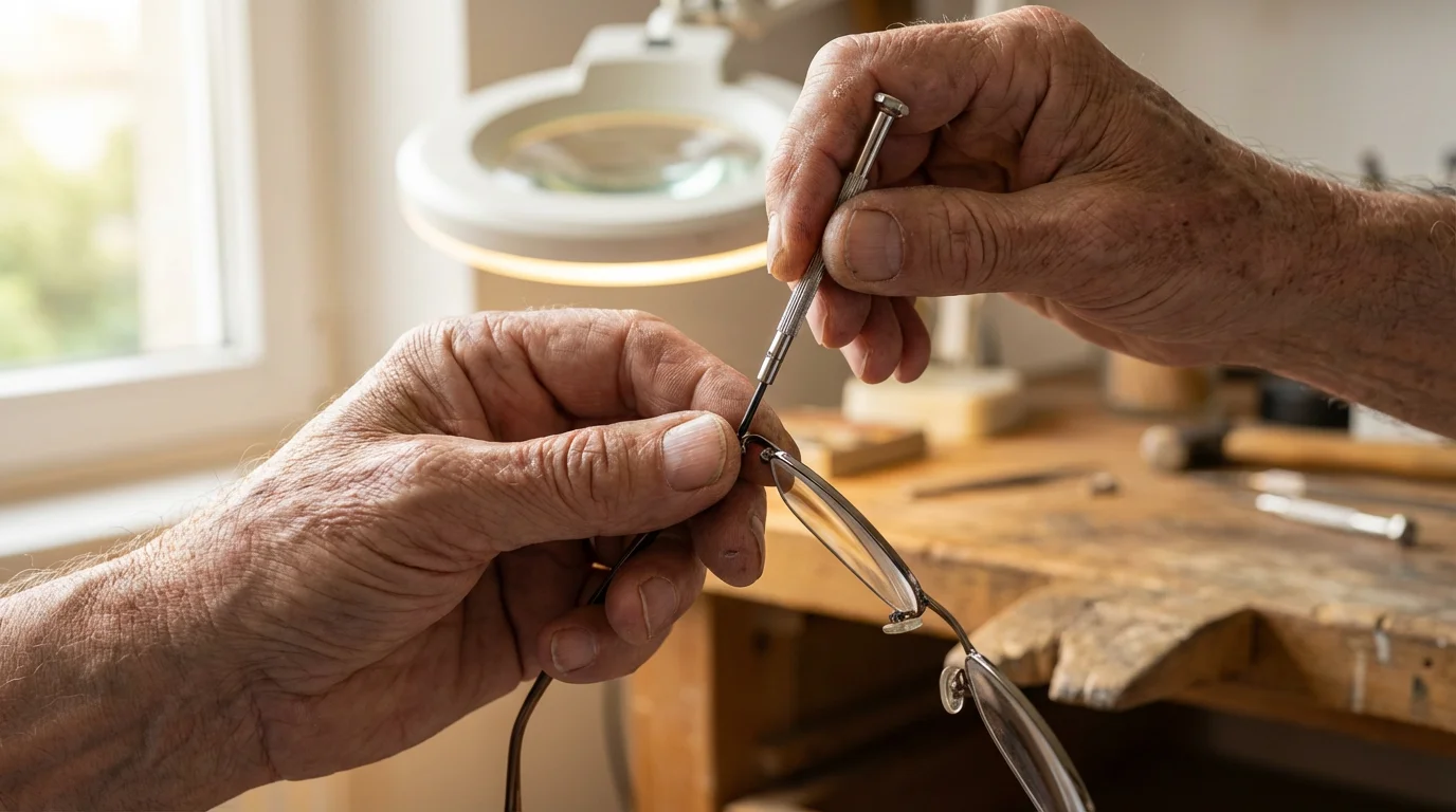 Close-up macro photo of a senior's hands meticulously repairing a pair of eyeglasses.