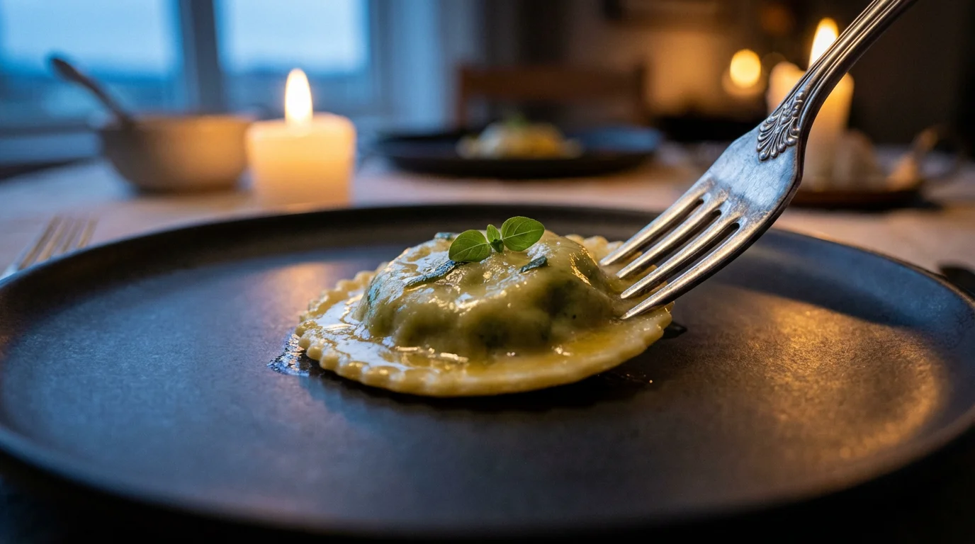 Close-up macro photo of a single gourmet raviolo on a dark plate at dusk.