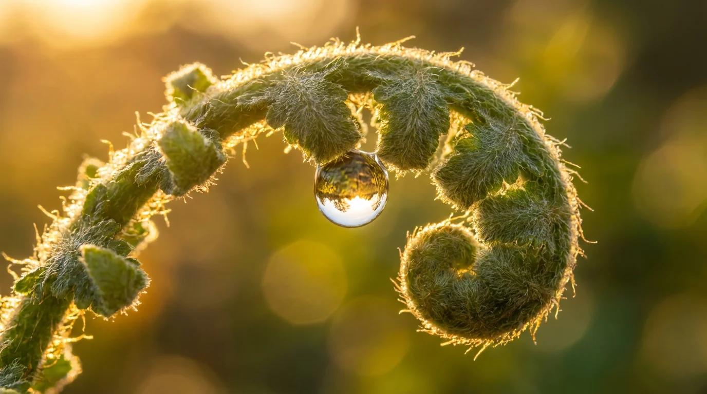 Close-up macro photo of a single water droplet on a fern frond during golden hour.