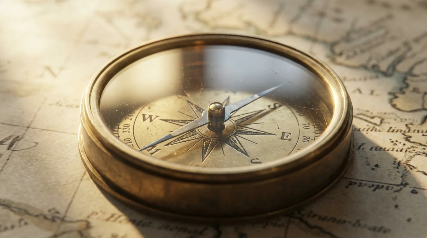 Close-up macro photo of a vintage brass travel compass on a nautical map.
