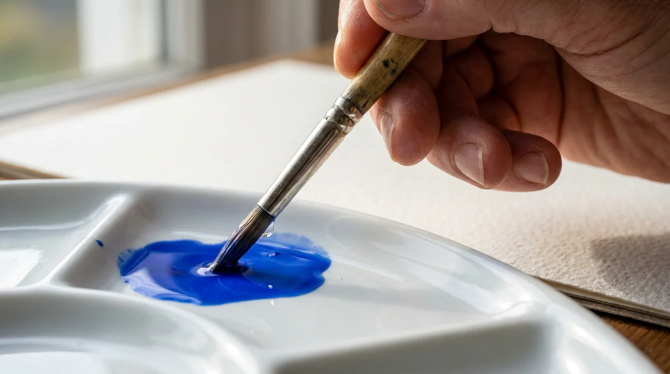 Close-up macro photo of a watercolor brush dipping into vibrant blue paint.