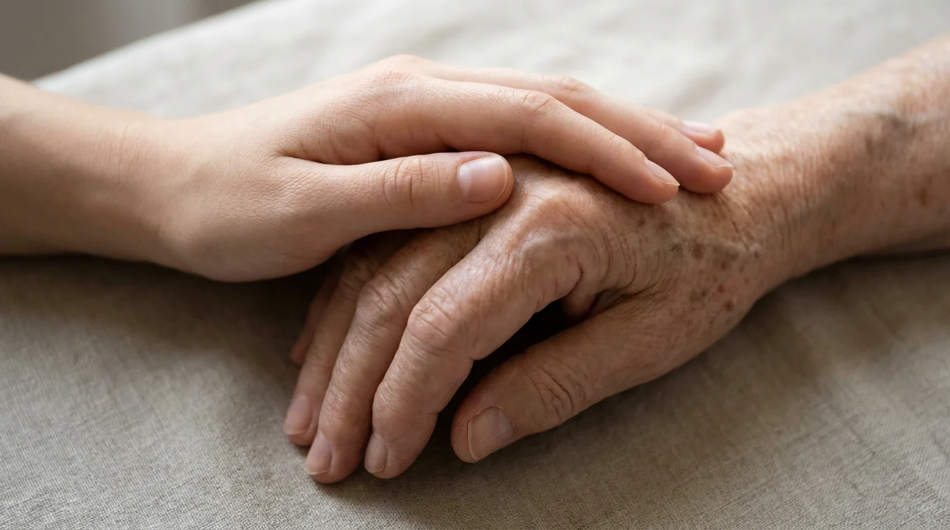 Close-up macro photo of a younger hand holding an older hand in comfort.