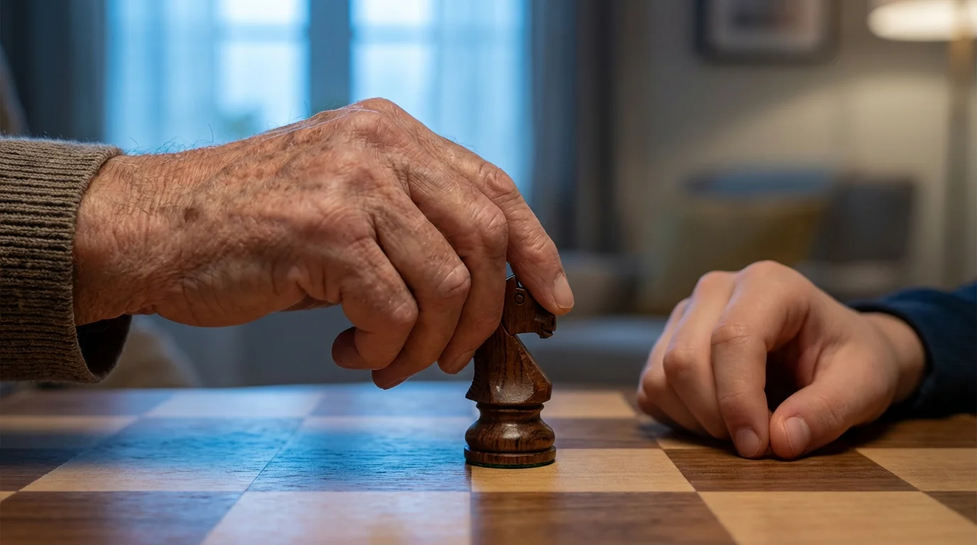 Close-up macro photo of an older hand teaching chess to a younger person.