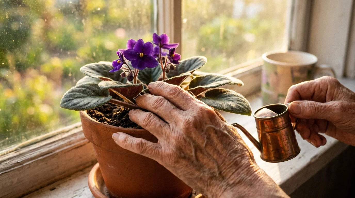 Close-up macro photo of elderly hands gently tending to a small potted violet plant.