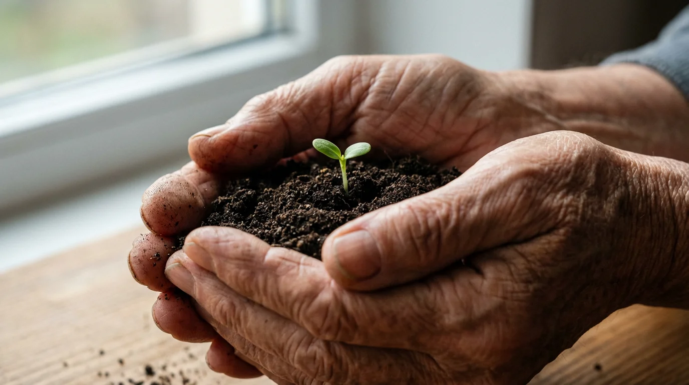 Close-up macro photo of elderly hands holding rich soil with a single green sprout.