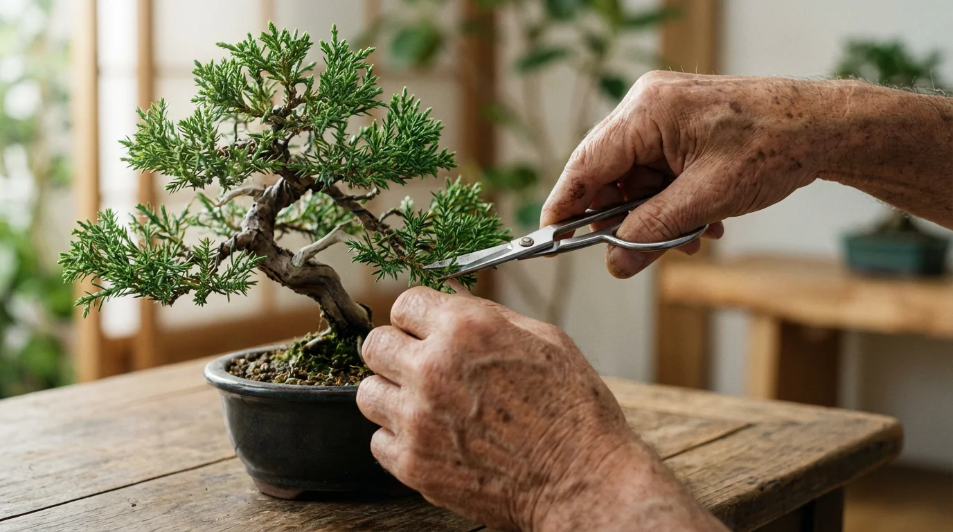 Close-up macro photo of hands using shears to carefully prune a miniature bonsai tree.
