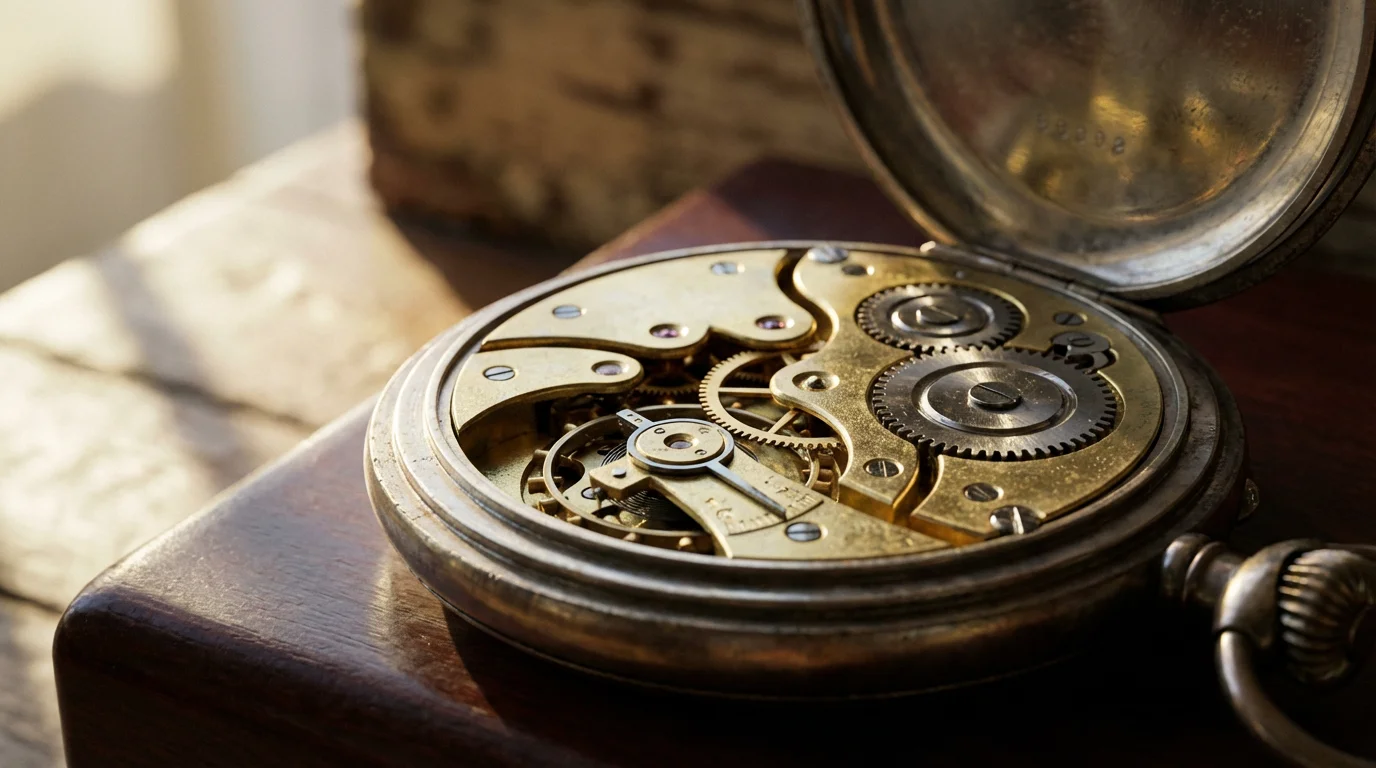 Close-up macro photo of the intricate, precise metal gears inside an antique watch.